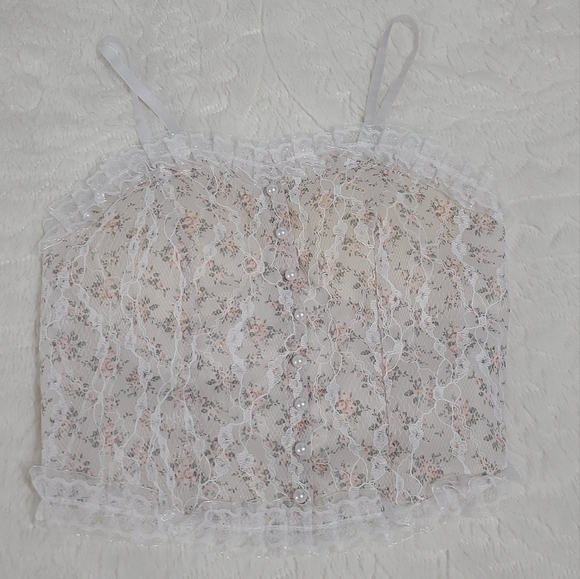 Ditsy Floral Shirred Pearls Detail Cami Top - Picture 7 of 12